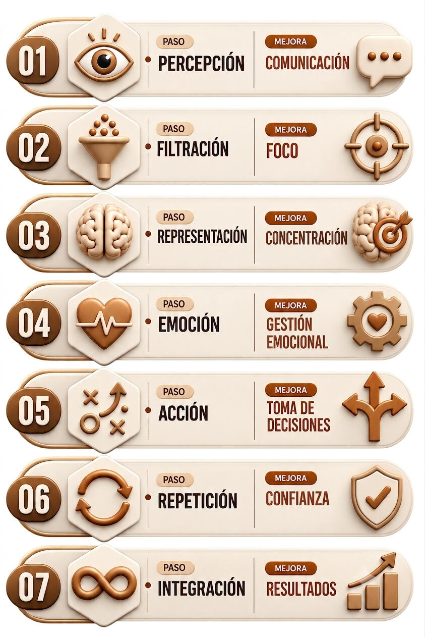 metodo-7-pasos-entrenadores-pnl.jpg Infografía del Método de 7 Pasos y 7 Mejoras de Ginés Muñoz para el rendimiento deportivo: 1. Percepción a Comunicación, 2. Filtración a Foco, 3. Representación a Confianza, 4. Emoción a Concentración, 5. Acción a Toma de decisiones, 6. Repetición a Gestió